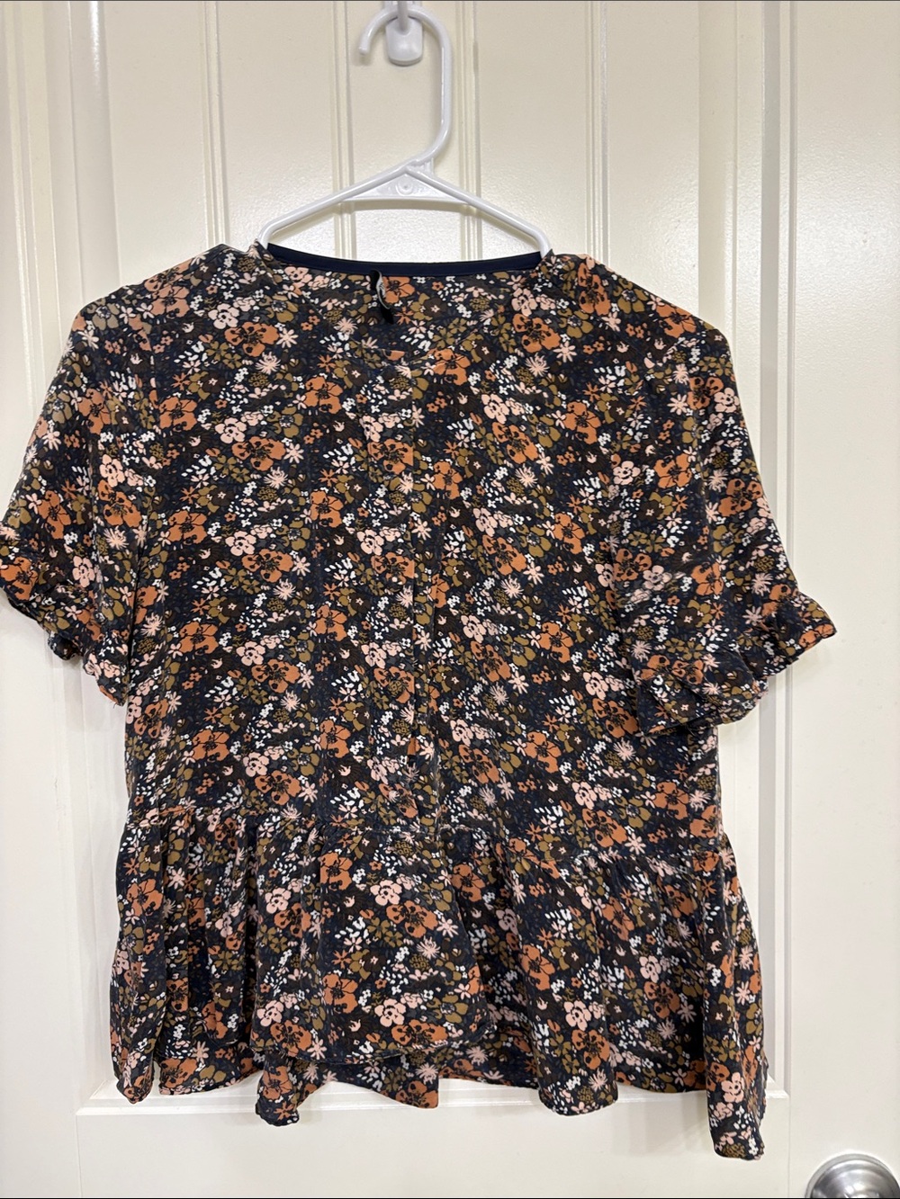 Madewell Black Floral Short Sleeve‎ Peplum Top